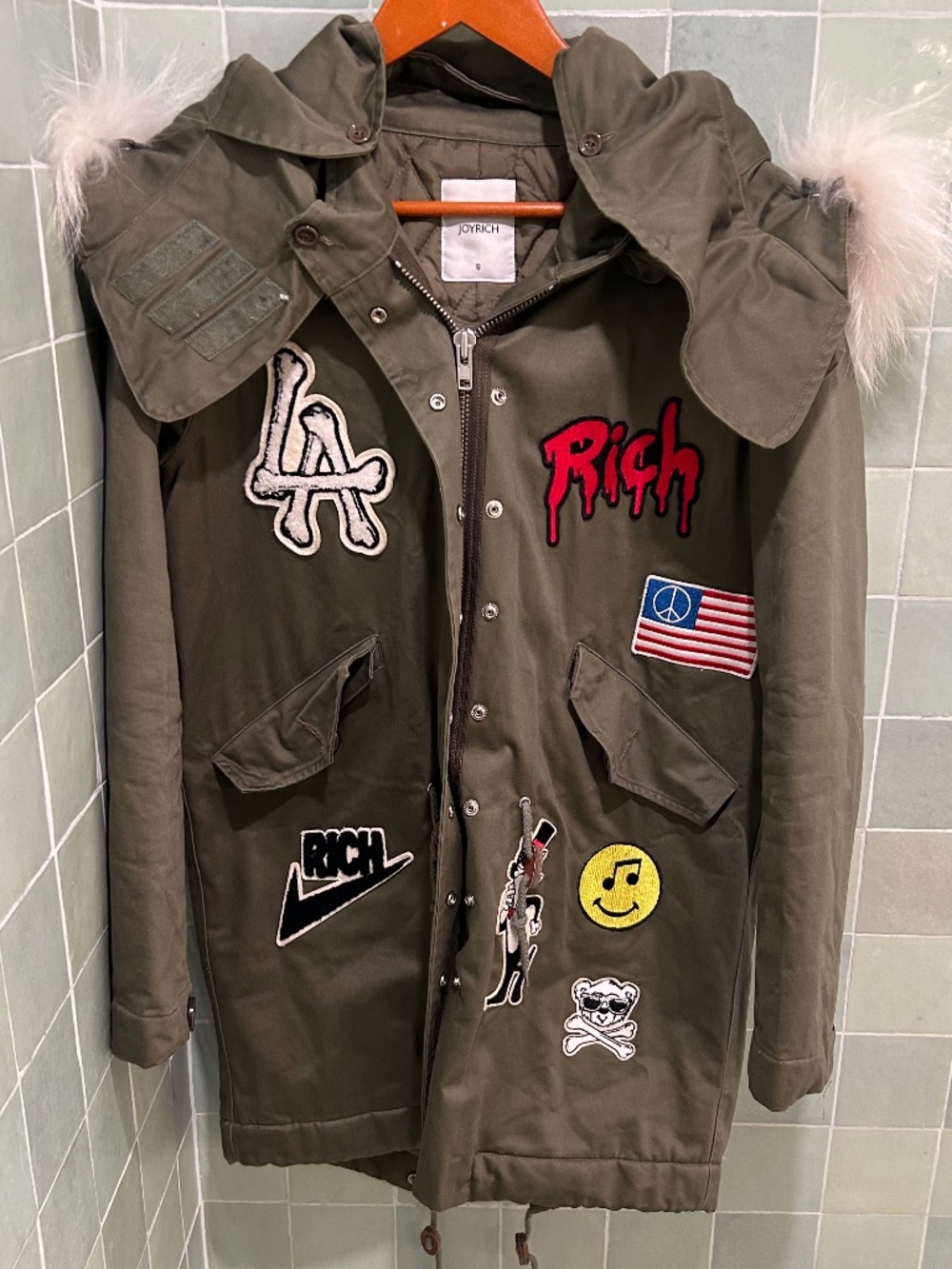 JOYRICH /  Olive green jacket with white fur / Vintage Y2K fashion